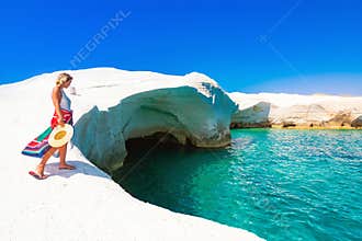 White chalk cliffs in Sarakiniko, Milos island, Cyclades, Greece.