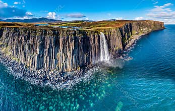 Aerial view of the dramatic coastline at the cliffs by Staffin with the famous Kilt Rock waterfall - Isle of Skye -