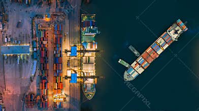 Aerial view container ship from sea port working for delivery containers shipment. Suitable use for transport or import export to