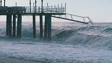 Storm on the Sea. Big Waves are Crashing on the Pier near the Shore