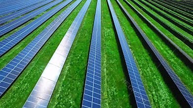 Photovoltaics modules in solar farm station. Solar cells on energy farm