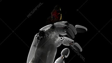 Robot Hand and Butterfly on a Black Background. Beautiful 3d animation. 4K