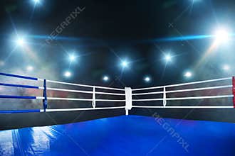 Empty boxing ring, view on corner with white ropes