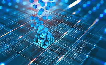 Abstract concept Blockchain network. Fintech technology. Global protection and data transmission