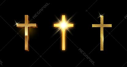 Set of golden latin cross. Shining glitter gold catholic cross