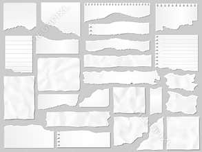 Paper scraps. Ripped papers, torn page pieces and scrapbook note paper piece vector illustration set