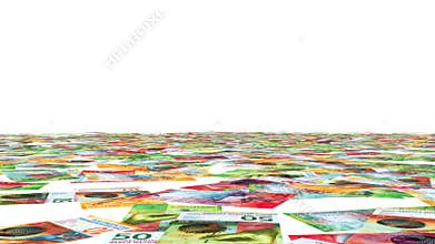 3D rendering of a large number of Swiss banknotes falling