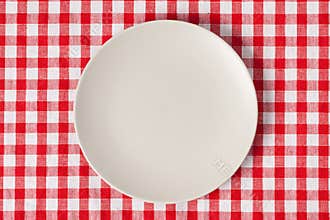 Plate on checkered table cloth