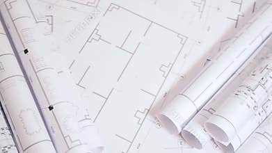 Engineering drawings and blueprint. Paper architectural drawings and blueprint. Engineering blueprint