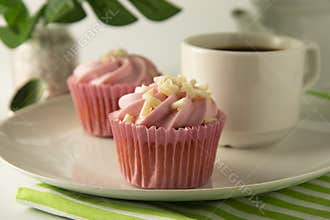 Pink, strawbery, fruit cupcakes isoalted. Sweet dessert, shortcakes with cream. Birthday food, cake, muffin. Palm, monstera leaves