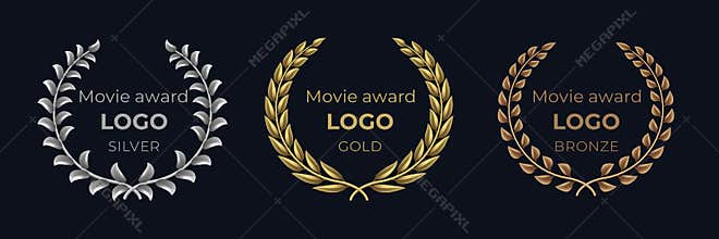 Movie award logo. Laurel golden emblems, winner reward foliage banner, show prize luxury concept. Vector golden wreath