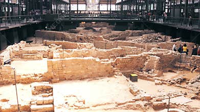 BARCELONA, SPAIN - APRIL, 15, 2017. Archaeological ruins, remnants of an ancient city. El Born cultural centre. 4K