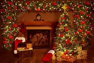 Christmas Fireplace and Xmas Tree, Presents Gifts Decorations