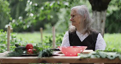 An old woman with loose gray hair is sitting at a table in the garden.