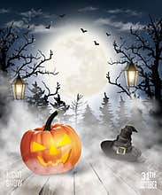 Scary Halloween background with pumpkin and moon.