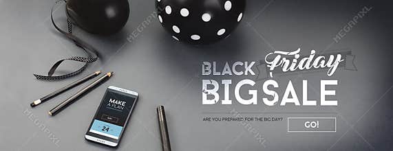 Black Friday sale banner, with black letters, balloon, pencils, ribbon and android cell-phone