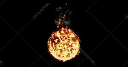 Ball of real flame fire with smoke in black background, dangerous flame