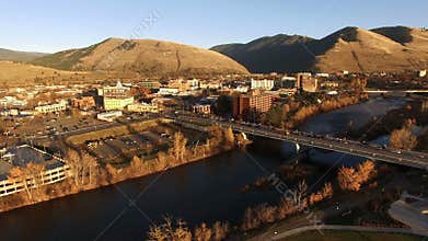 Over Missoula Montana downtown city skyline Clark Fork River