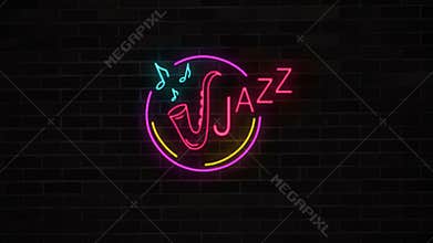 Neon jazz sign with saxophone and notes on brick wall.