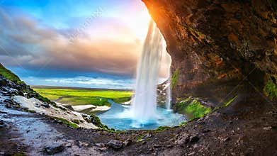 Seljalandsfoss waterfall during the sunset, Beautiful waterfall in Iceland