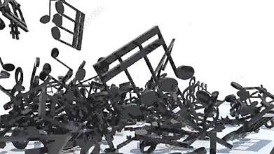 Many musical notes fall on white background