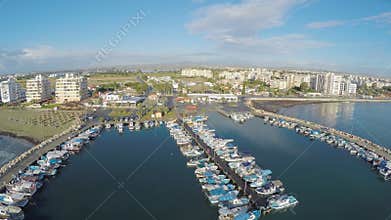 Panoramic view of Larnaca marina in Cyprus, aerial shot of port with yachts
