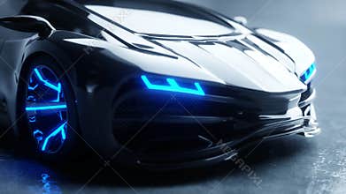 Black futuristic electric car with blue light. Concept of future. 3d rendering.