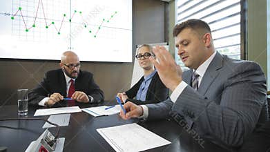 Meeting of the leaders and directors of the company at a closed conference in slow motion