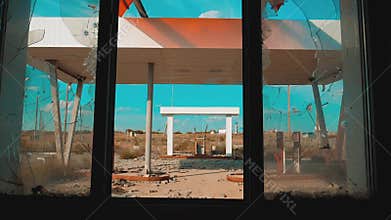 Main street of america. Route 66. crisis road 66 fueling broken window slow motion video. Old dirty deserted gas station