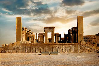 Sunrise in Persepolis, capital of the ancient Achaemenid kingdom. Ancient columns. Sight of Iran. Ancient Persia.