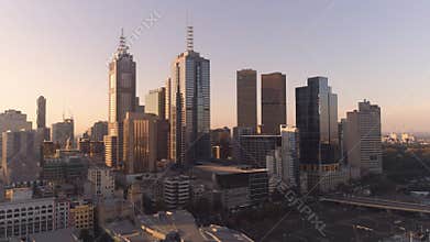 Aerial shot of Melbourne downtown skyscrapers in sunset. Melbourne, Victoria, Australia