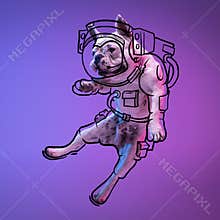 Modern artwork. One cute little dog, bulldog flying, jumping isolated on gradient neon pink blue studio background with