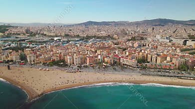 Aerial view of Barcelona beach in sunny day.