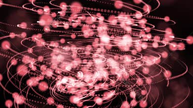 Futuristic atoms revolve around nuclei. 4K. 3D. Concept of quantum entanglement, future physics. Isolated black background