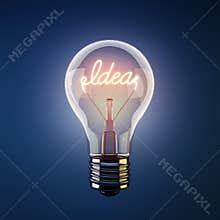 Glowing light bulb with the word idea