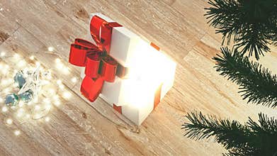 Opening Beautiful Gift Box With Ribbons and Big Bow with magic light inside. 3d rendering animation