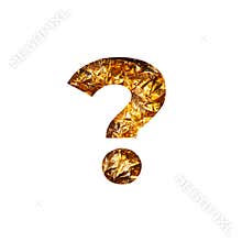 Question punctuation sign of gold crumpled foil and cut paper isolated on white. Typeface of wrinkled golden leaf