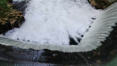 Birdeye Aerial View of Waterfall Under Krupajsko Vrelo Natural Springs, Serbia