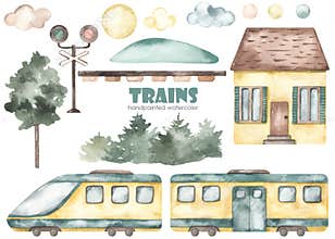 Watercolor kids set with cute cartoon electric train, house, traffic light, tree, clouds