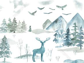 Winter Forest tree Clipart Watercolor woodland pine trees, landscapes, mountain digital clip art
