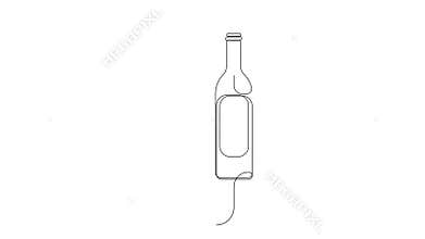 Glass of wine and an open bottle of wine. Self line drawing animation of one continuous drawing line. Black line on