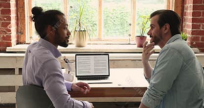 Sales manager and client accomplish negotiations shake hands express respect