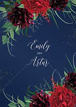 Luxury stylish floral watercolor style  wedding invite, greeting card. Burgundy dahlias, red garden Rose flowers, thistle,
