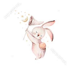 Watercolor Happy Easter baby bunnies design with spring blossom flower. Rabbit bunny kids illustration isolated. Hand
