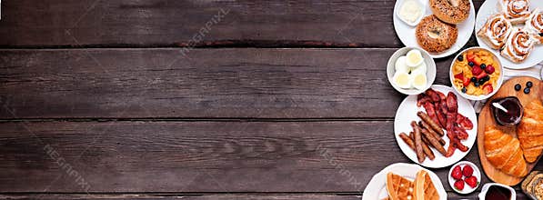 Breakfast or brunch side border on a dark wood banner background