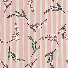 Hand drawn seamless botanic pattern with outline leaves shapes. Pink striped background. Nature print