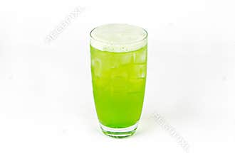 Green fresh cocktail smoothie jusice in glass with ice isolated on white. vitamin drink detox