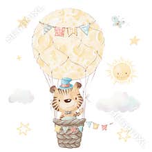 Set of cute cartoon tiger cub in a hot air balloon. Watercolor illustration
