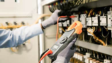 Electrical engineers test electrical installations and wiring on protective relays, measuring them with a multimeter