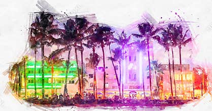 Watercolor painting illustration of Ocean Drive hotels and restaurants at sunset. City skyline with palm trees at night